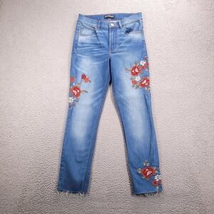 EXPRESS Factory Jeans Size 4 High Rise Legging Embroidered Floral Raw Hem